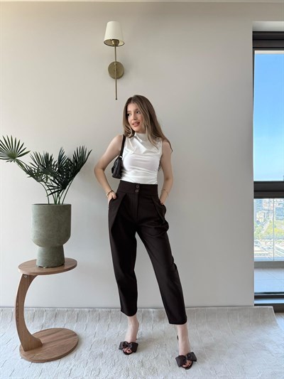 Çift Düğme Ön Pile Detay Havuç Double Pantolon Acı Kahve 2234
