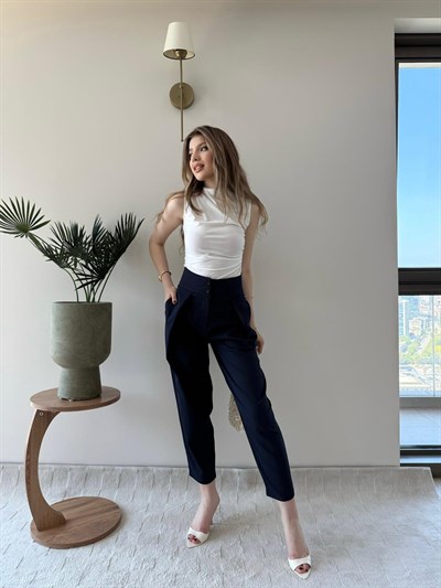 Çift Düğme Ön Pile Detay Havuç Double Pantolon Lacivert 2234