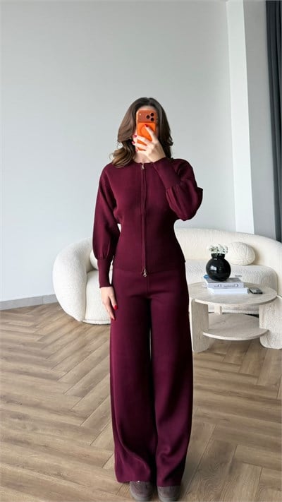 Çift Fermuar Detay Hırka ve Pantolonlu Triko Takım Bordo 2527