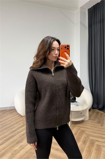 Çift Fermuarlı Triko Hırka Kahve 2549