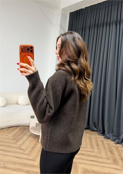 Çift Fermuarlı Triko Hırka Kahve 2549