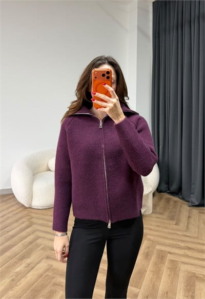Çift Fermuarlı Triko Hırka Mürdüm 2549