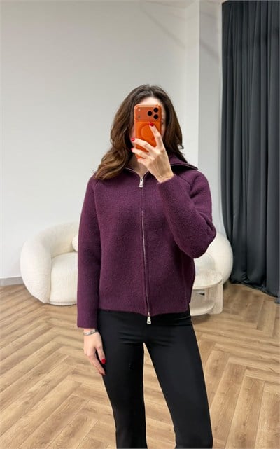 Çift Fermuarlı Triko Hırka Mürdüm 2549