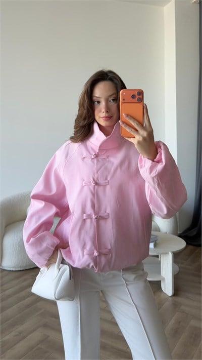 Çin Düğme Detay Astarlı Balon Kol Bomber Ceket Pembe 2419