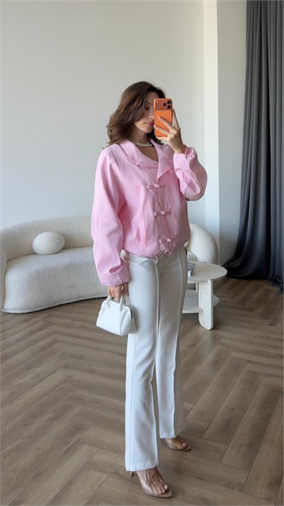 Çin Düğme Detay Astarlı Balon Kol Bomber Ceket Pembe 2419