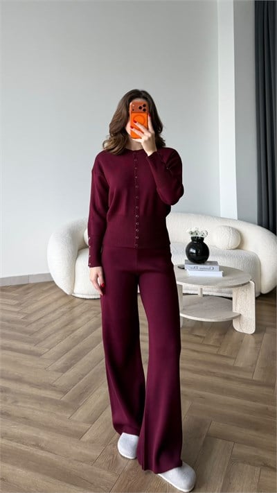 Çıtçıt Detay Hırka ve Pantolonlu Triko Takım Mürdüm 2533