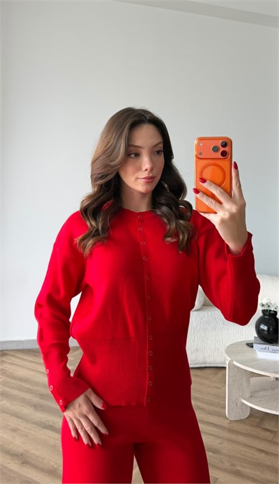 Çıtçıt Detay Hırka ve Pantolonlu Triko Takım Kırmızı 2533