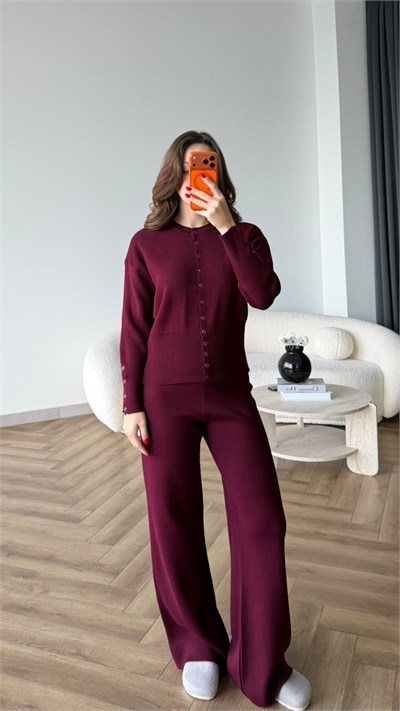 Çıtçıt Detay Hırka ve Pantolonlu Triko Takım Mürdüm 2533