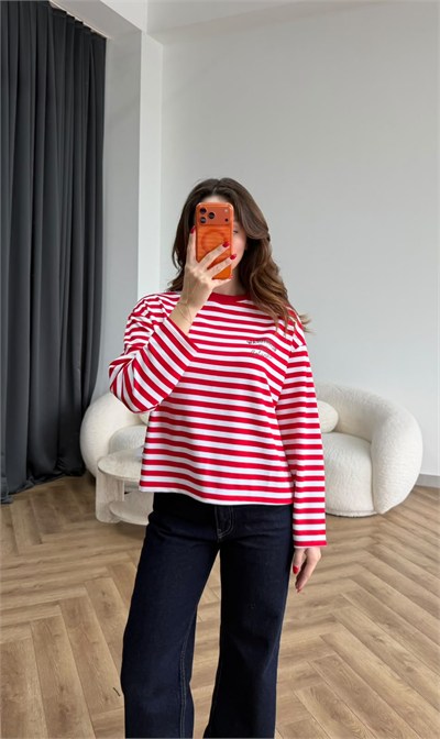 Çizgili 19 Baskılı Sweat Kırmızı 2560