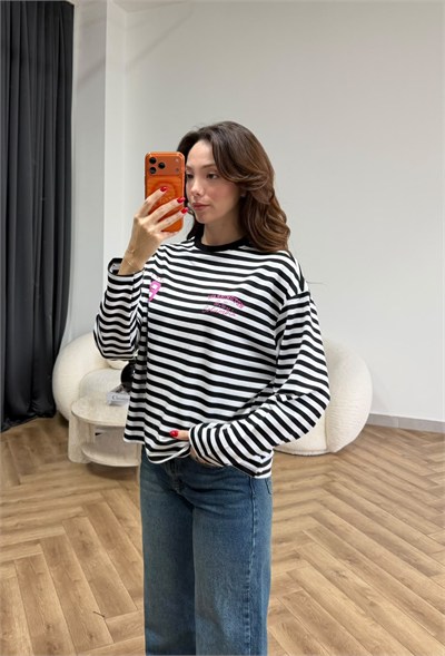 Çizgili 19 Baskılı Sweat Siyah 2560