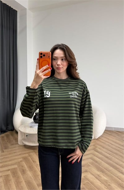 Çizgili 19 Baskılı Sweat Yeşil 2560