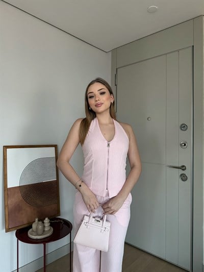 Çizgili Fermuarlı Yelek ve Pantolonlu Su Yolu İkili Takım Pembe 2360