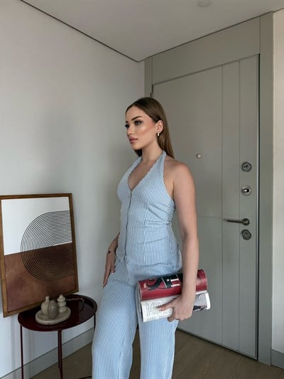 Çizgili Fermuarlı Yelek ve Pantolonlu Su Yolu İkili Takım Bebe Mavi 2360