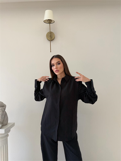 Çizgili Oversize Gömlek Ve Pantolonlu İkili Crep Takım Siyah 2025