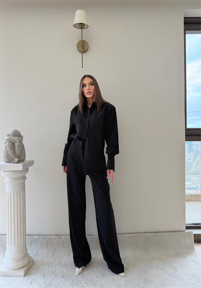 Çizgili Oversize Gömlek Ve Pantolonlu İkili Crep Takım Siyah 2025