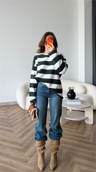 Çizgili Oversize Sweat Beyaz Yeşil 2525