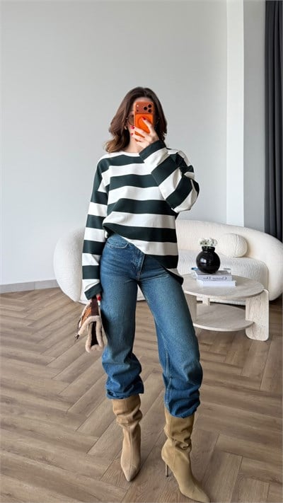 Çizgili Oversize Sweat Beyaz Yeşil 2525
