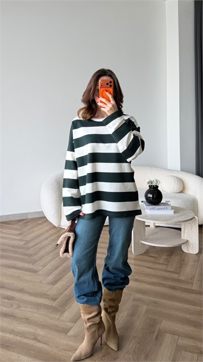 Çizgili Oversize Sweat Beyaz Yeşil 2525