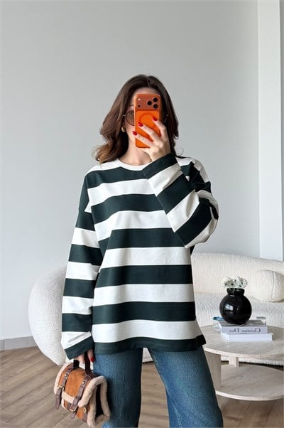 Çizgili Oversize Sweat Beyaz Yeşil 2525