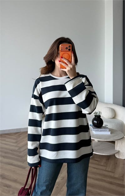 Çizgili Oversize Sweat Beyaz Lacivert 2525