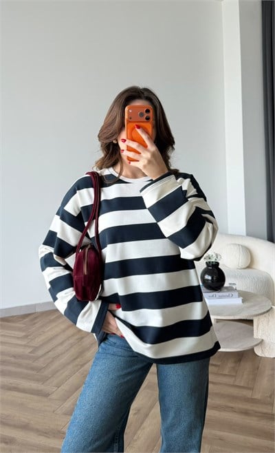 Çizgili Oversize Sweat Beyaz Lacivert 2525