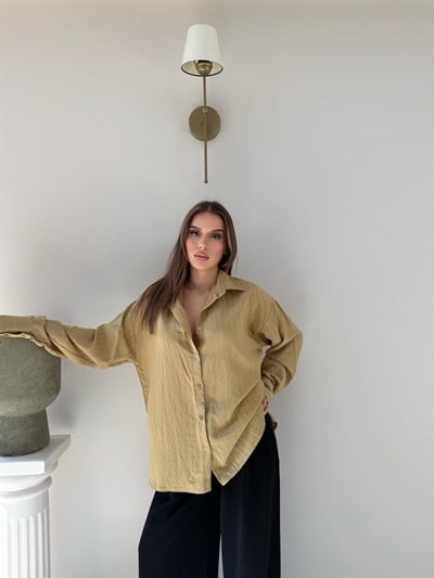 Çizgili Oversize Tensel Gömlek Camel 2094
