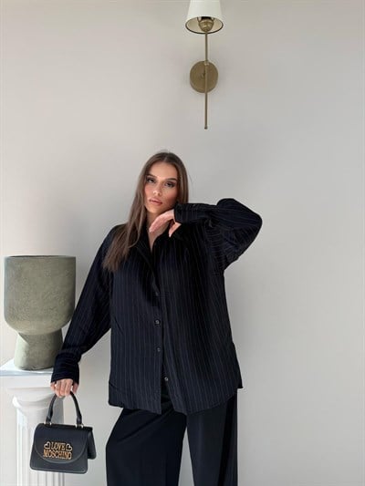 Çizgili Oversize Tensel Gömlek Siyah 2094