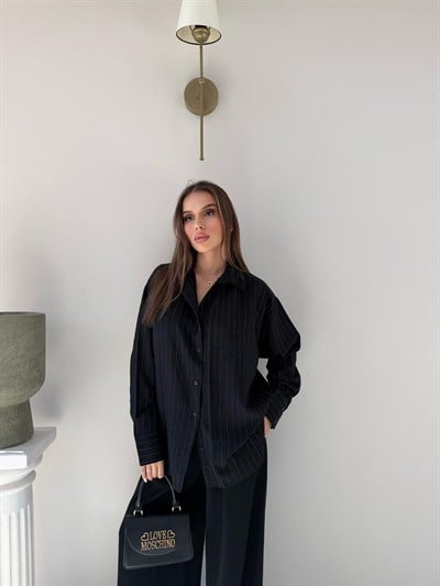 Çizgili Oversize Tensel Gömlek Siyah 2094