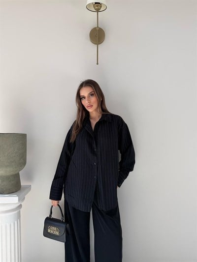 Çizgili Oversize Tensel Gömlek Siyah 2094