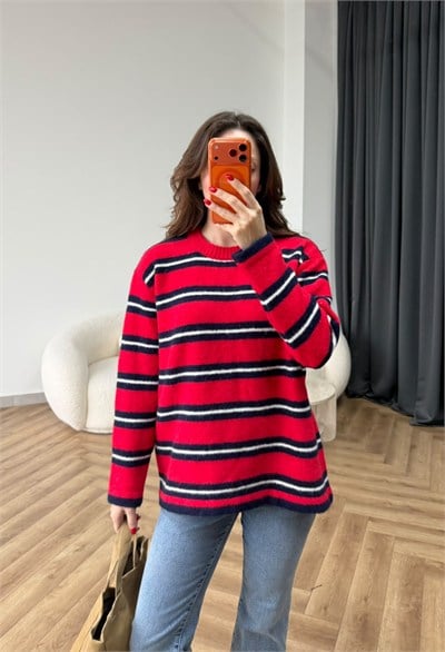 Çizgili Oversize Yumoş Kazak Kırmızı 2551