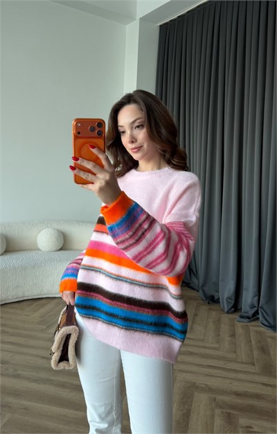 Çizgili Renkli Salaş Kazak Pembe 2543