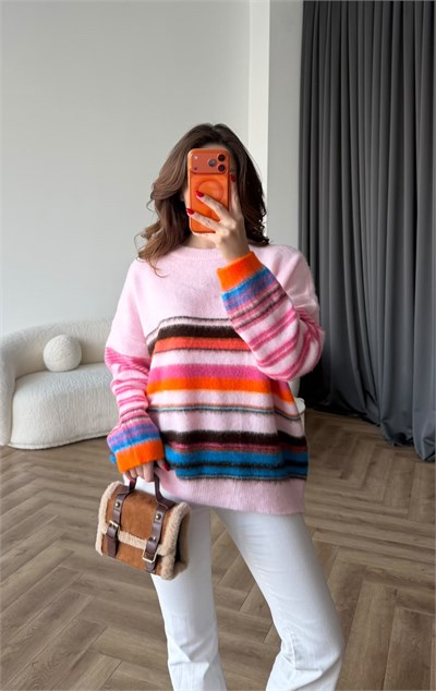 Çizgili Renkli Salaş Kazak Pembe 2543