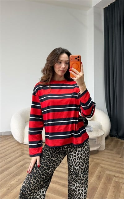 Çizgili Sweat Kırmızı 2558