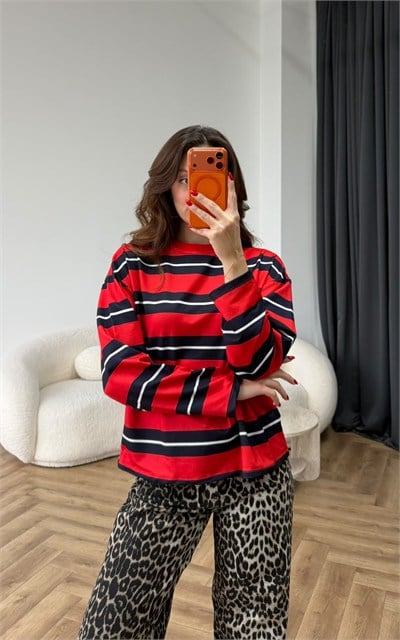 Çizgili Sweat Kırmızı 2558