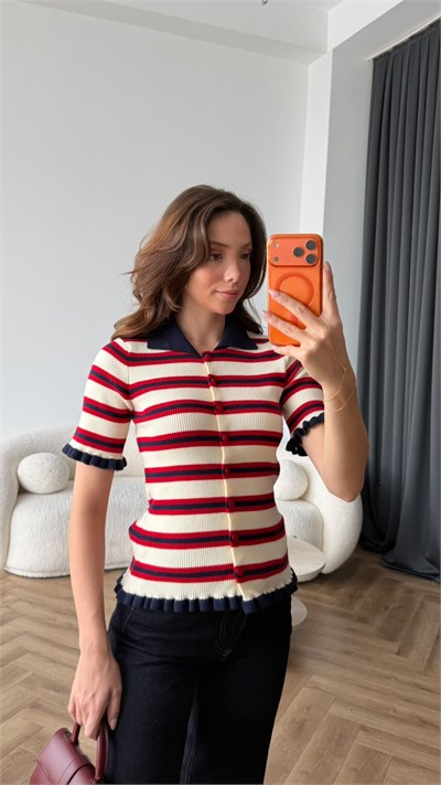 Çizgili Yakalı Fırfır Detay Triko Bluz 2444