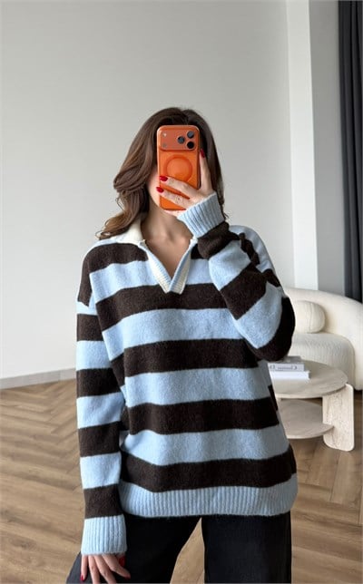 Çizgili Yakalı Oversize Triko Mavi Kahve 2531