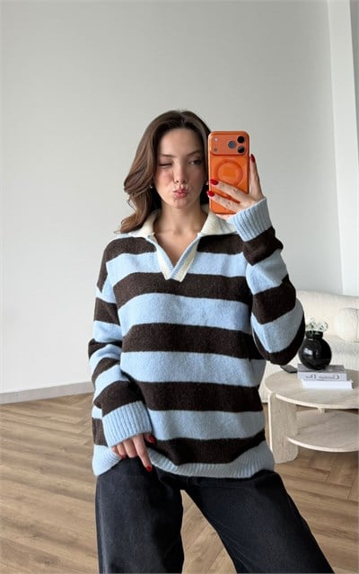 Çizgili Yakalı Oversize Triko Mavi Kahve 2531