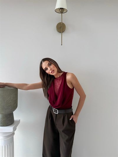 Degaje Yaka Dantel Detay Bodysuit Bordo 2083