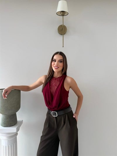 Degaje Yaka Dantel Detay Bodysuit Bordo 2083