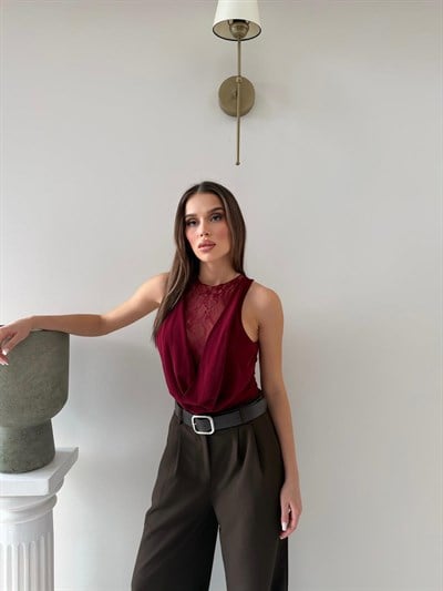 Degaje Yaka Dantel Detay Bodysuit Bordo 2083