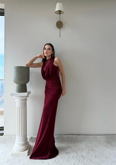 Degaje Yaka Dantel Detay Sıfır Kol Uzun Sandy Elbise Bordo 2089