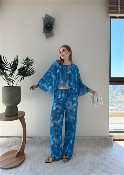 Desenli Panço ve Pantolonlu Tül Plaj Takım Mavi 2357