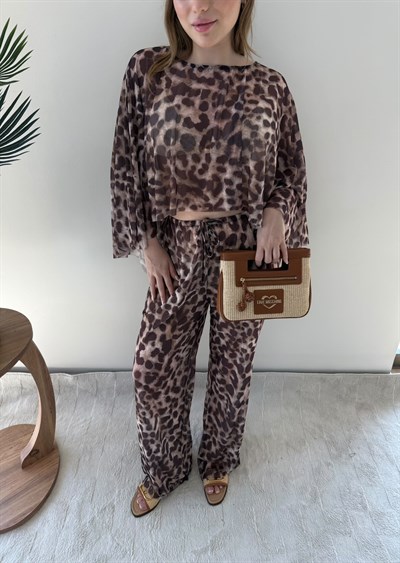 Desenli Panço ve Pantolonlu Tül Plaj Takım Leopar 2357