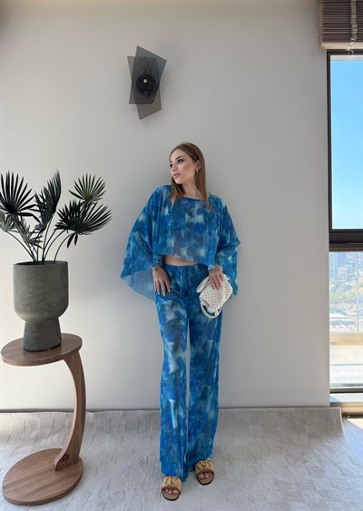 Desenli Panço ve Pantolonlu Tül Plaj Takım Mavi 2357