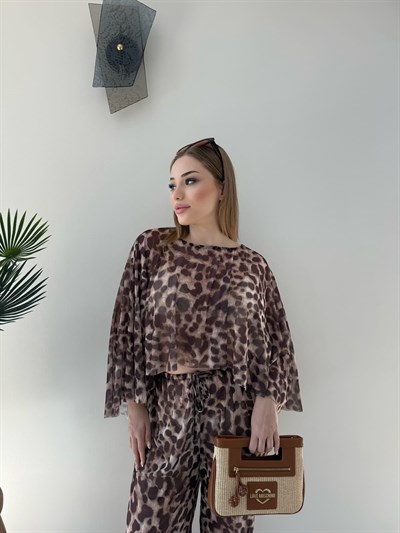 Desenli Panço ve Pantolonlu Tül Plaj Takım Leopar 2357
