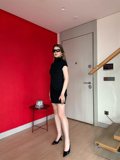 Dik Yaka Agraflı Elbise Siyah 2207