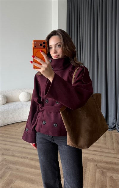 Dik Yaka Bel Kuşaklı Apolet Detay Astarlı Kaşe Kaban Bordo 2542