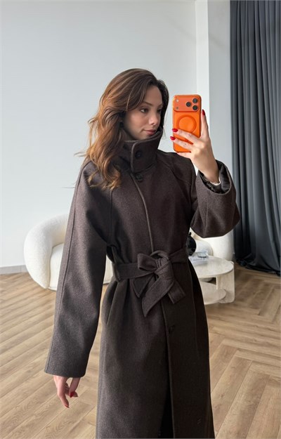 Dik Yaka Bel Kuşaklı İç Astarlı Kaşe Kaban Kahve 2541