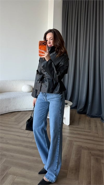 Dik Yaka Bel Kuşaklı Kol ve Bel Kemer Detay Deri Ceket Siyah 2433