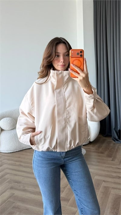 Dik Yaka Çıt Çıt Detay Trenç Bomber Ekru 2460